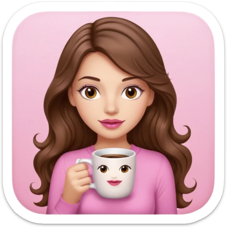 girl with long wavy brown hair, brown eyes, long lashes, pink lips, light to medium complexion, pink sexy top, with a coffee mug sticker