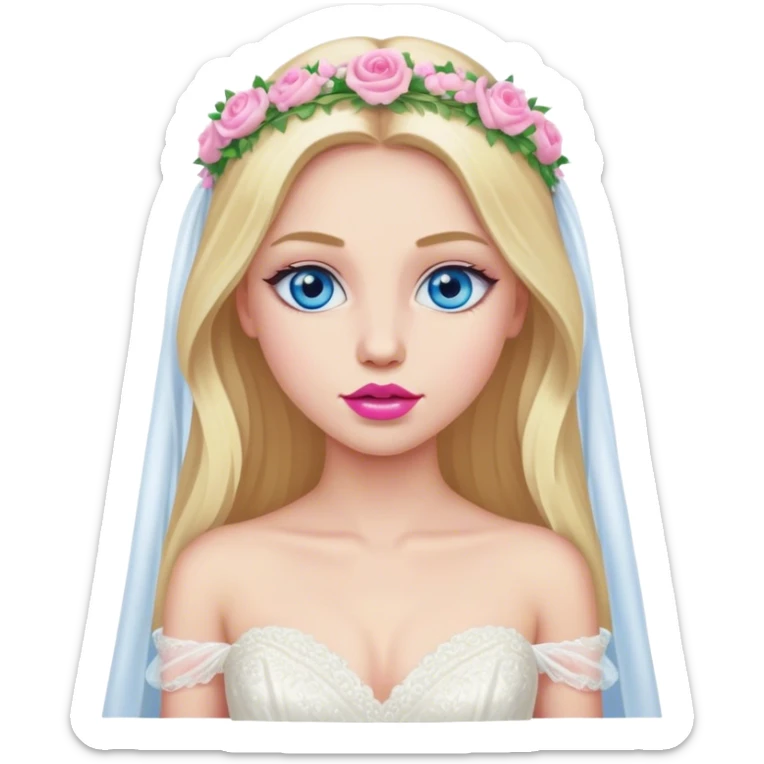 Cinematic realistic blonde with long hair, blue eyes and pink lips in a wedding dress sticker