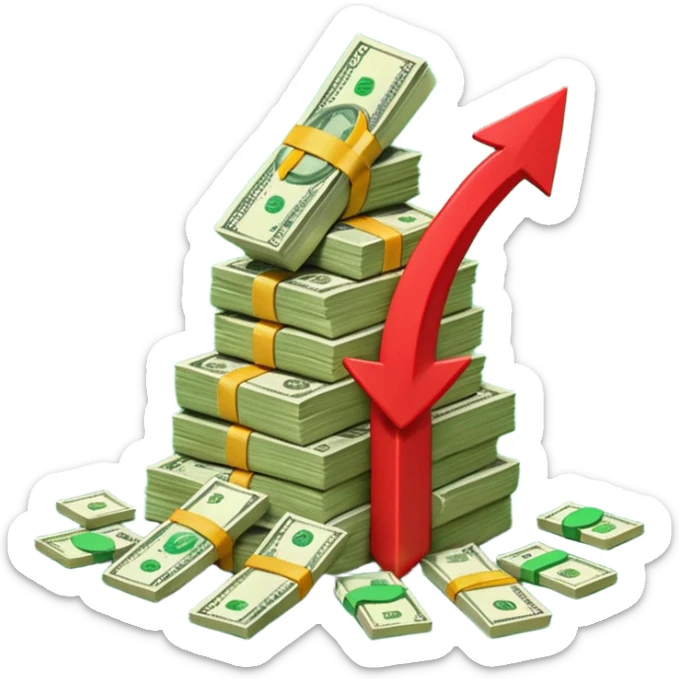 a pile of money infront of strategy paper with red arrow up sticker