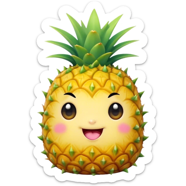 Cute Kawaii Pineapple, tiny and round, bright golden yellow with a spiky green top, chubby cheeks, playful winking expression, soft pastel textures, sweet and tropical vibes! sticker