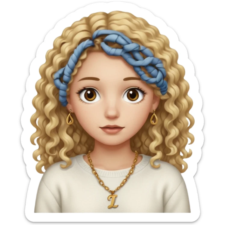 a dirty blonde girl with brown eyes and make her wearing a white sweater and a smallnecklace with I intial with really long curly hair and white skin color, long hair and really big lashes sticker