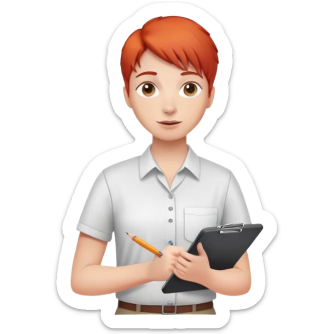 Intern or volunteer with red hair holding a clipboard and pencil, ready to take notes or assist. The character wears a simple shirt and has an eager posture sticker
