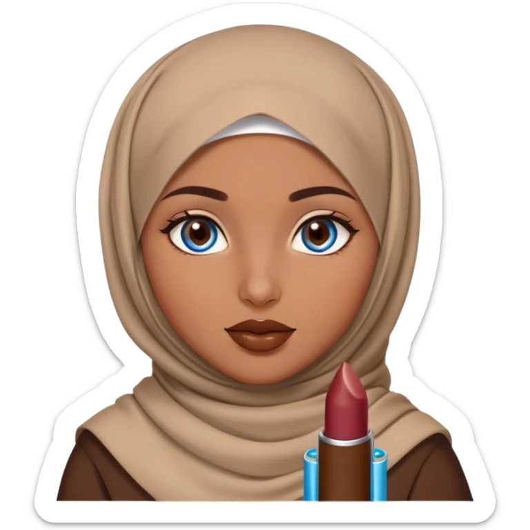 Turkish beautiful finish Konya girl blue eyes with brown beige hijab islamic dress and had on her hand brown color lipstick sticker