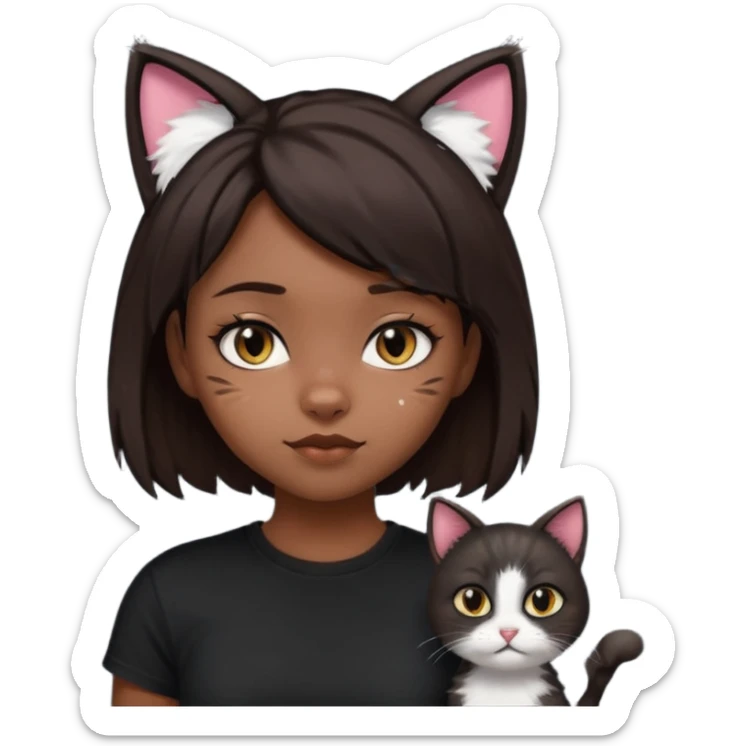 a girl with short dark brown hair with lots of dandruff , cat ears and a tail, with a black t-shirt on sticker