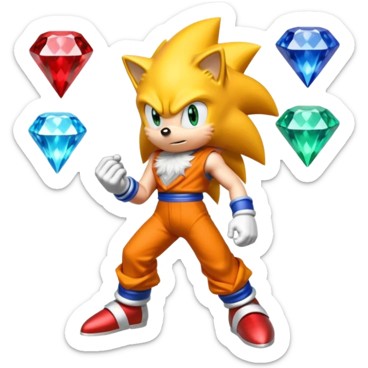 I want Sonic the hedgehog with the 7 chaos emeralds and the Goku aura transformation, where is the super Sonic aura Is a power 7 diamonds, red, blue, yellow, green, white, cyan and purplr sticker