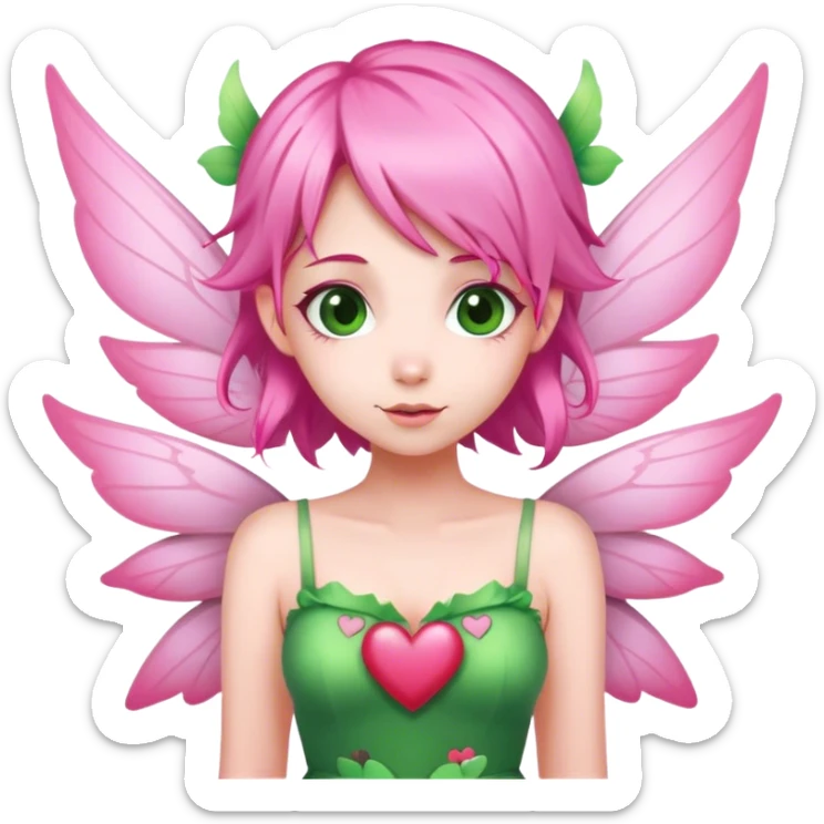 pink hair, pink wing fairy in green dress hearts sticker