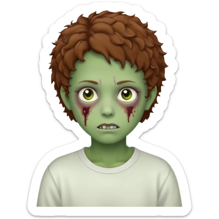  green teen zombie with  brown short curly hair and brown eyes wearing a white sweat sticker