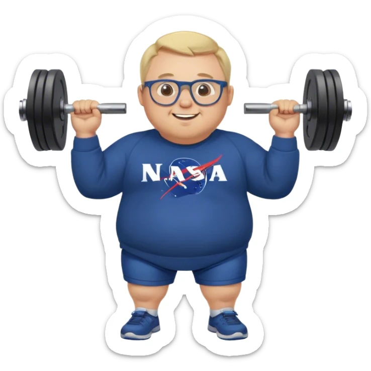 happy chubby man, lifts weights,  blond short and hight receding hairline, wearing a dark blue sweatshirt, nasa logo on the sweatshirt, round glasses without frame, 40 years old sticker