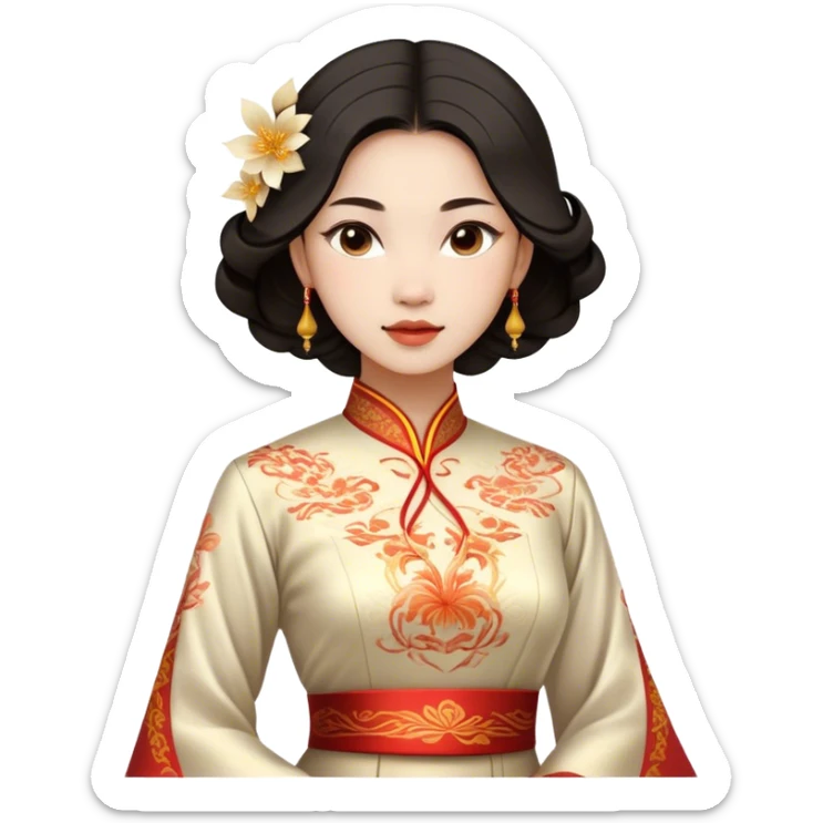 Cinematic Realistic Áo Dài Portrait Emoji, depicted as an elegant traditional Vietnamese dress with flowing graceful lines and delicate patterns, rendered with rich textures and soft ethereal lighting that captures its timeless beauty. sticker