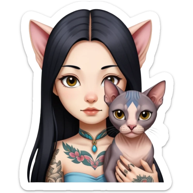 a Chinese girl with long black  straight hair and tattoos and a Sphynx cat sticker