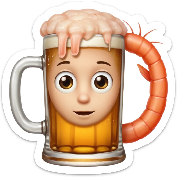 Genérame un camarón con su tarro en mano de cerveza moderna, asomándose por un costado con cara de curiosidad  sticker