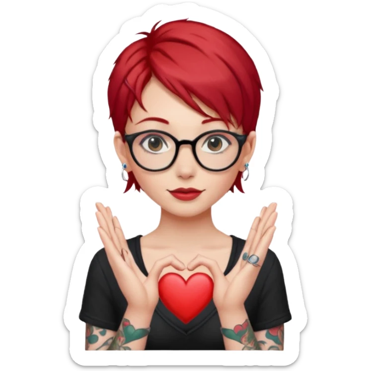 Beautiful girl, with glasses, red hair, tall, slim, with tattoos and small piercing, showing heart with hands sticker