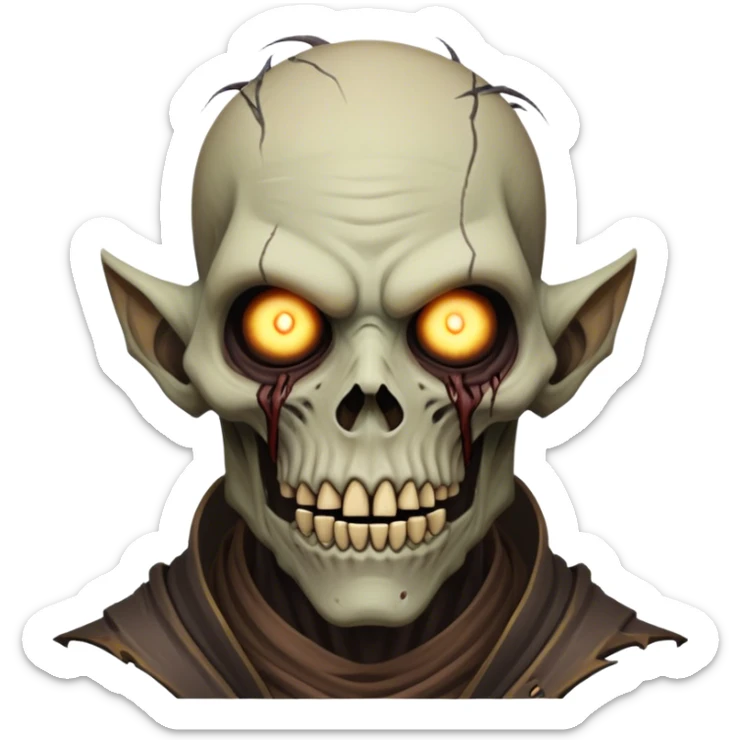 Cinematic Realistic WoW undead civilian Portrait, head tilted epicly and inquisitively, showcasing grim resilience and defiant strength. His withered, pallid skin and intense, glowing eyes contrast starkly with his worn, earth-toned clothes, rendered in meticulous detail. With dynamic, high-contrast lighting and high shine, this portrait exudes an epic aura, capturing the relentless will of a battle-hardened undead civilian. sticker