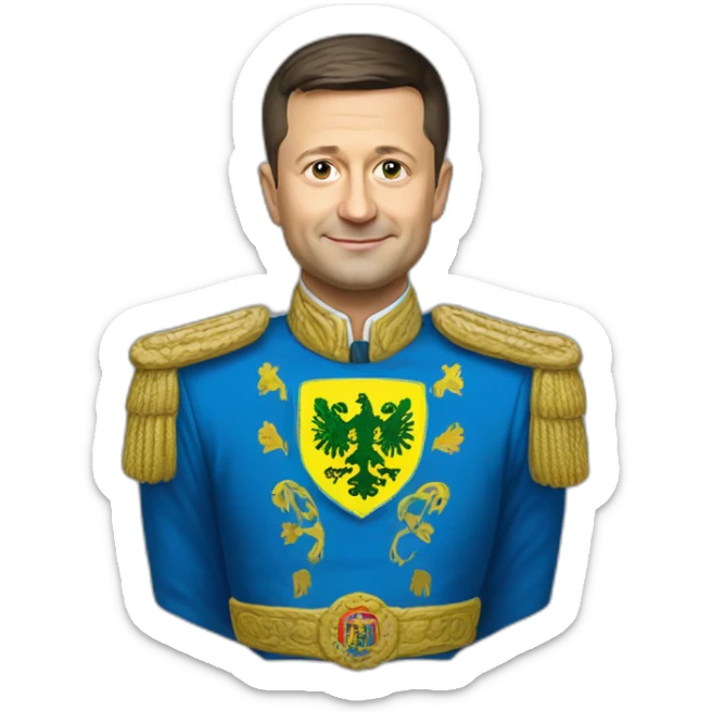 President Volodymyr Zelenskyy in haki tshirt with ukrainian coat of arms sticker