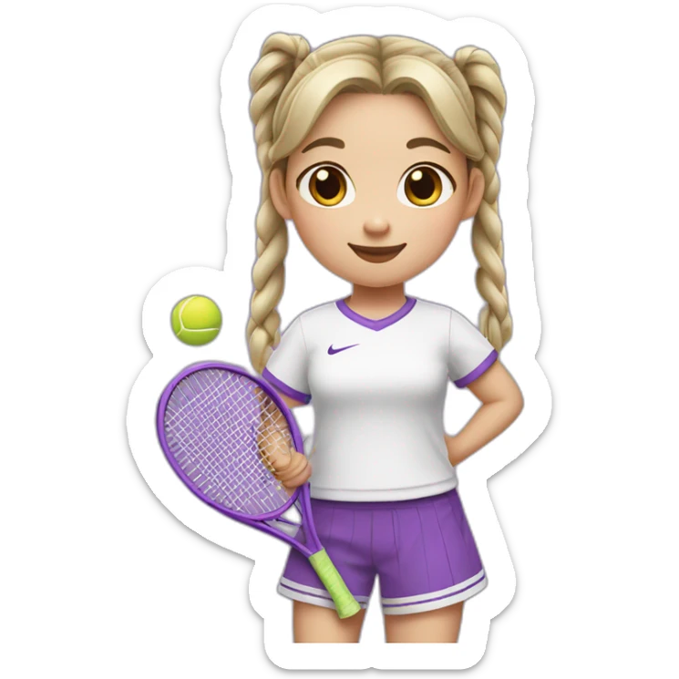 a little chinese girl wearing a white nike shirt with two pig tails hair style holding a purple tennis racket to her chest sticker