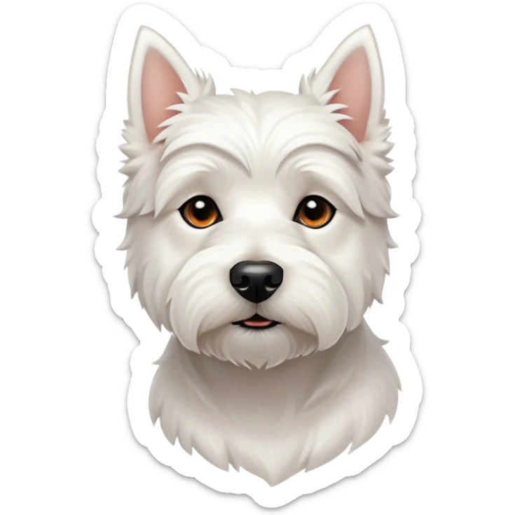 Cinematic Noble West Highland White Terrier Portrait Emoji, Poised and regal, with a compact, sturdy build and a pristine, well-groomed pure white coat, deep-set soulful dark eyes, Simplified yet sharp and sophisticated features, highly detailed, glowing with a soft, dignified glow, high shine, intelligent and loyal, stylized with an air of confidence, focused and attentive, soft glowing outline, capturing the essence of a watchful and determined companion, so majestic it feels as though it could trot out of the screen with effortless authority! sticker