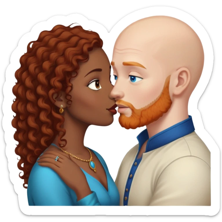 Bald white male with ginger beard and blue eyes kissing indian brown woman with black curly hair sticker