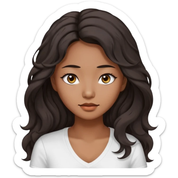 iOS style emoji. A girl with very long dark brown wavy hair. And the eyes color is dark brown. And she is wearing white t shirt with V kneck. And she is 30. She is Asian with double eyelids  sticker
