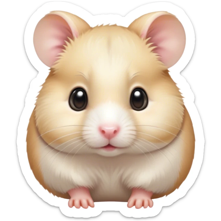Cinematic Cute Cream Hamster Portrait Emoji, Head tilted playfully and inquisitively, featuring a silky, pristine cream fur with a gentle sheen, round, sparkling dark eyes filled with curiosity, Simplified yet irresistibly adorable features, highly detailed, glowing with a warm, friendly glow, high shine, affectionate and lively, stylized with a touch of whimsy, bright and endearing, soft glowing outline, capturing the essence of a mischievous yet loving hamster, so playful it feels like it could dash out of the screen and into your arms! sticker