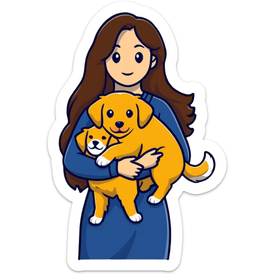 woman with long brown hair holding a golden retriever dog in her arms sticker