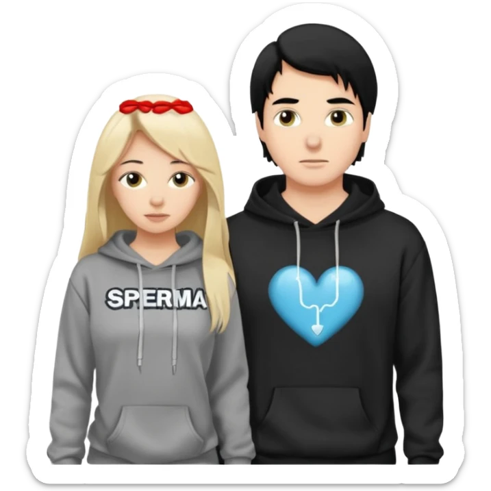 I want it to be this emote 🙍‍♂️
of a white guy with black hair and a black sweatshirt with the word "sperma" written in white in the middle. Behind him, there's a pretty blonde with long hair, pulling the string on the first person's hoodie. The girl is wearing a gray sweatshirt. sticker