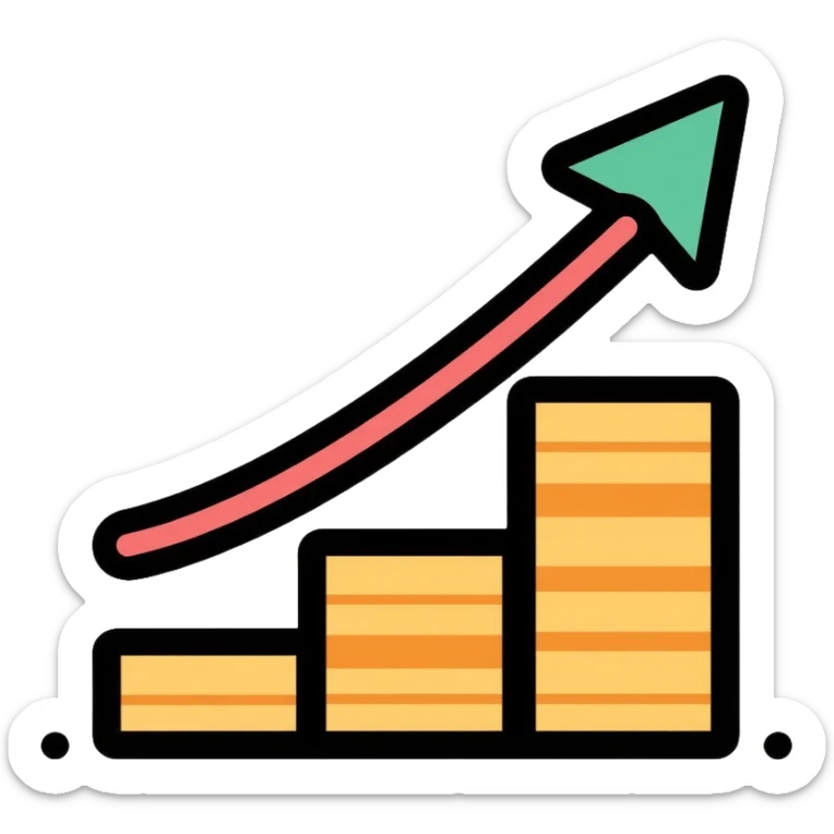 upward arrow next to increasing stacks of money bills and coins, financial growth sticker