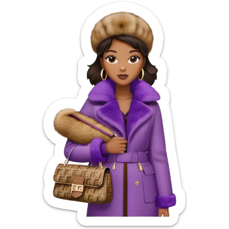 Beautiful black woman wearing a brown monogram Fendi jacket with a fur trim. She is carrying a purple Fendi baguette bag. I want the image to start at her head and end at the chest sticker