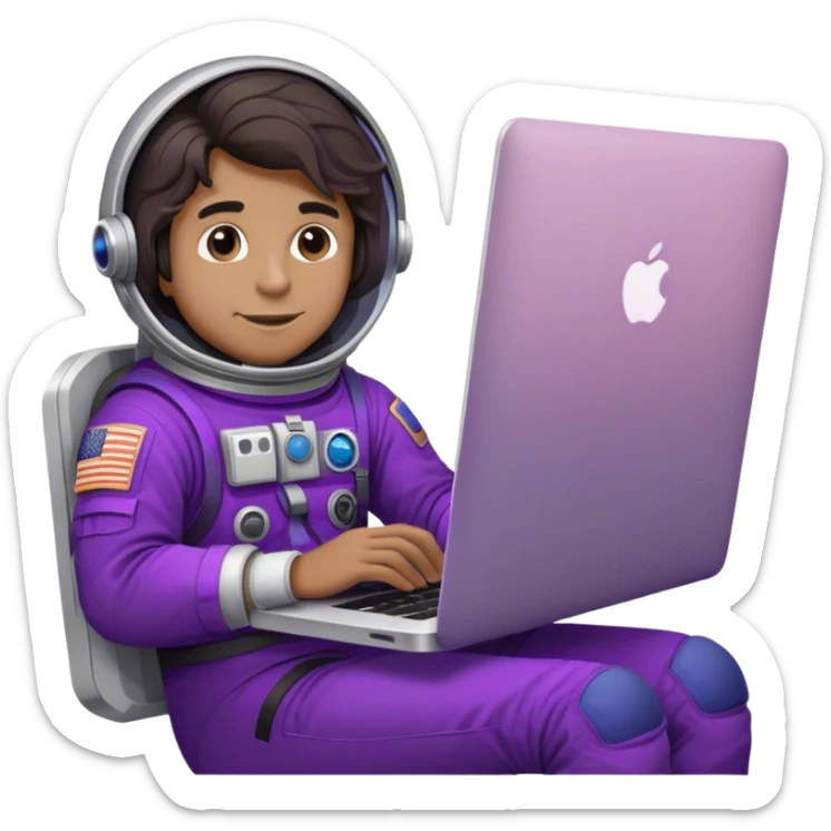 guy astronaut with purple suit, long ombre black/brown wavy hair and one macbook sticker
