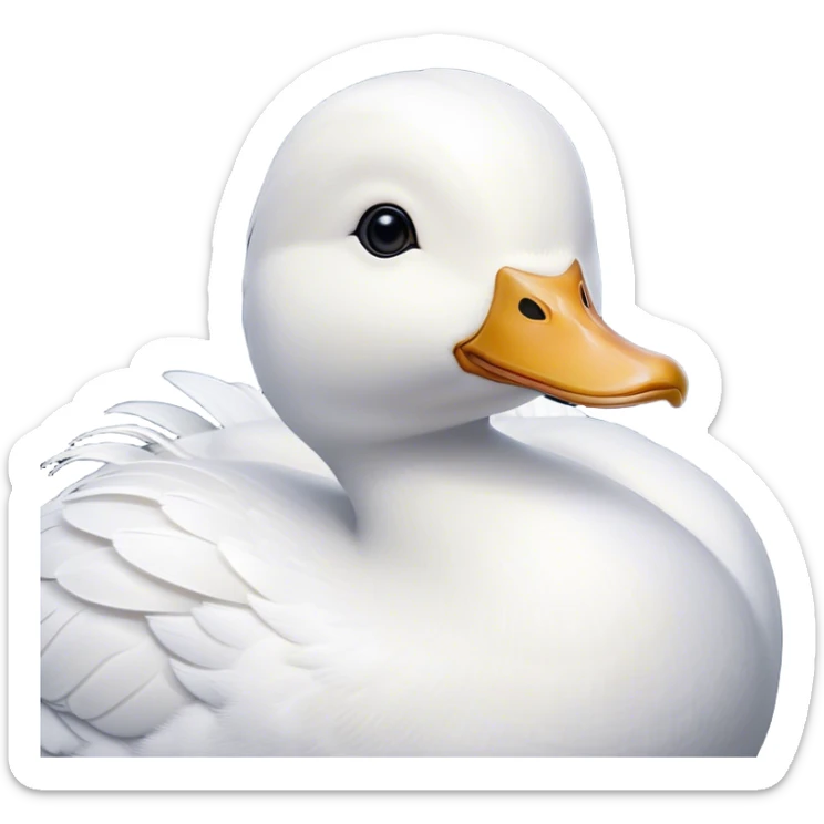 Cinematic Noble White Duck Portrait Emoji, Poised and regal, with a sleek, streamlined build and a pristine, well-groomed pure white plumage, deep-set soulful bright eyes, Simplified yet sharp and sophisticated features, highly detailed, glowing with a soft, dignified glow, high shine, intelligent and graceful, stylized with an air of aquatic elegance, focused and attentive, soft glowing outline, capturing the essence of a watchful and confident waterfowl, so majestic it feels as though it could glide out of the screen with effortless authority! sticker