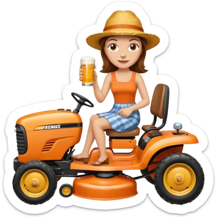 White woman with brown hair, without glasses wearing a straw hat, on old orange ride on lawn mower, holding a beer with one hand and holding the steering wheel with the other hand sticker