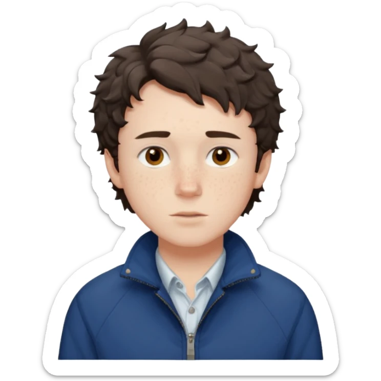 Owen Cooper in dark brown short and choppy fringe short slightly curly hair with brown eyes and pale skin, with obvious freckles on his cheeks, wearing deep blue jacket and white shirt sticker