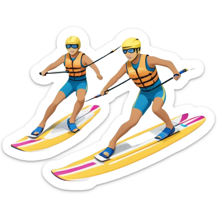 A humanless icon showing a pair of water skis skimming across the surface of a lake, with a skier in motion. The design includes a wake behind the skier, splashing water, and the sun reflecting on the water. Transparent background highlights the speed and thrill of water skiing. sticker