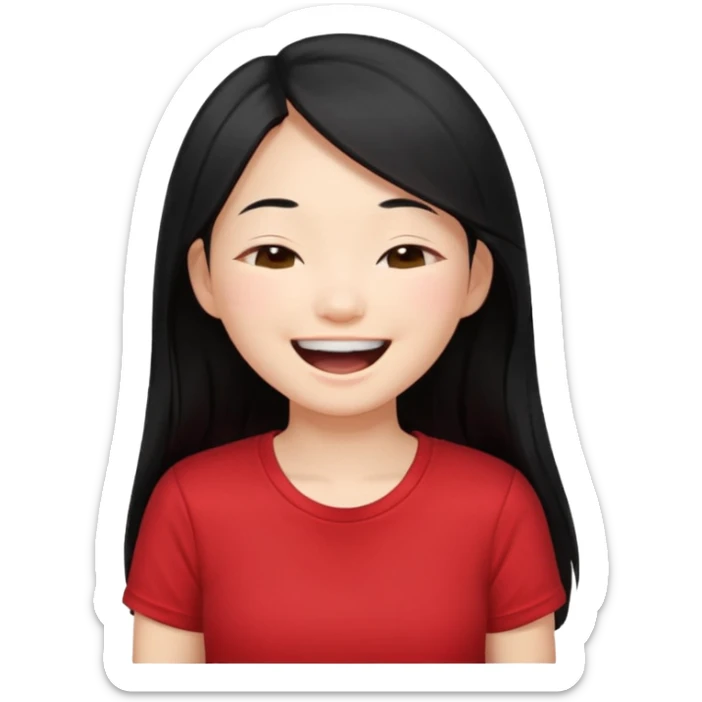 Cute asian girl with long hair and red t shirt who is laughing with eyes closed sticker