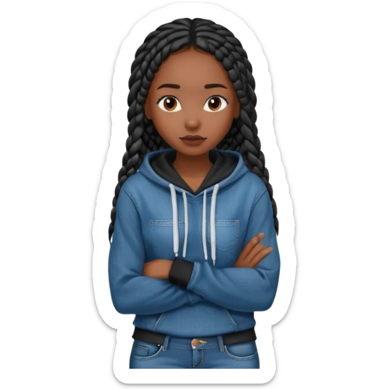 African American dark skin girl with long black box braids wearing plain black hoodie with denim skinny jeans with arms folded across chest sticker