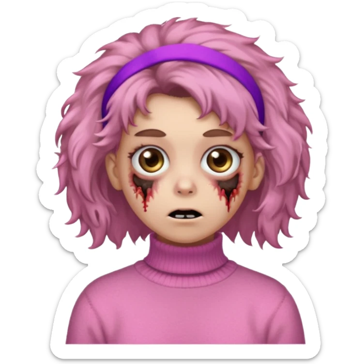 brown fluffy haired zombie with pink turtleneck sweater and hair band sticker