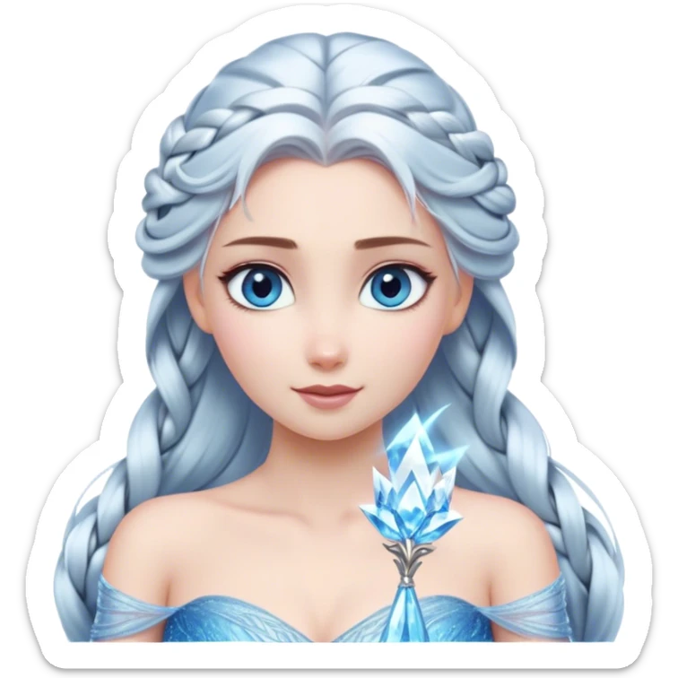 Cinematic Stunning Elsa Portrait Emoji, Ice-blue gown shimmering, platinum hair flowing in a graceful braid, piercing blue eyes glowing with icy magic, an aura of regal power and breathtaking beauty, frozen elegance at its finest! sticker
