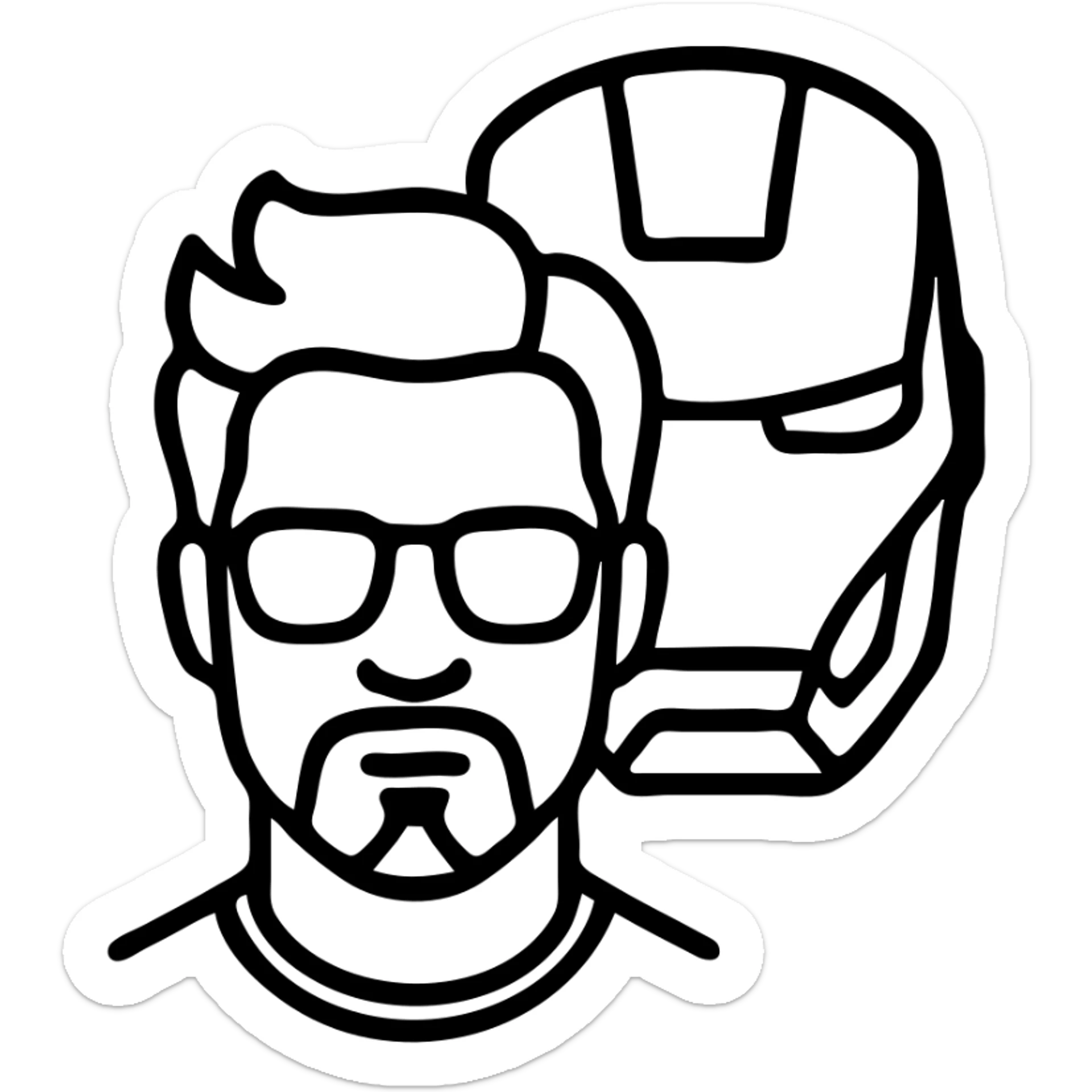 minimalist icon style of Tony Stark featuring signature facial hair and sunglasses, subtle Iron Man helmet outline sticker