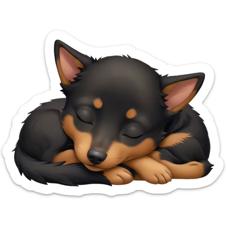 Meme-Worthy Cute Sleeping Black and Tan Kelpie Portrait Emoji, Head resting peacefully with a contented smile, showcasing a delightfully agile build and a luxuriously soft black and tan Fur, eyes shut in a serene nap, Simplified yet hilariously adorable features, highly detailed, glowing with a soft, drowsy light, high shine, relaxed and utterly lovable, stylized with an air of playful laziness, bright and heartwarming, soft glowing outline, capturing the essence of a comically sleepy herder, so meme-worthy it feels like it could instantly become the next viral sensation of adorable slumber! sticker