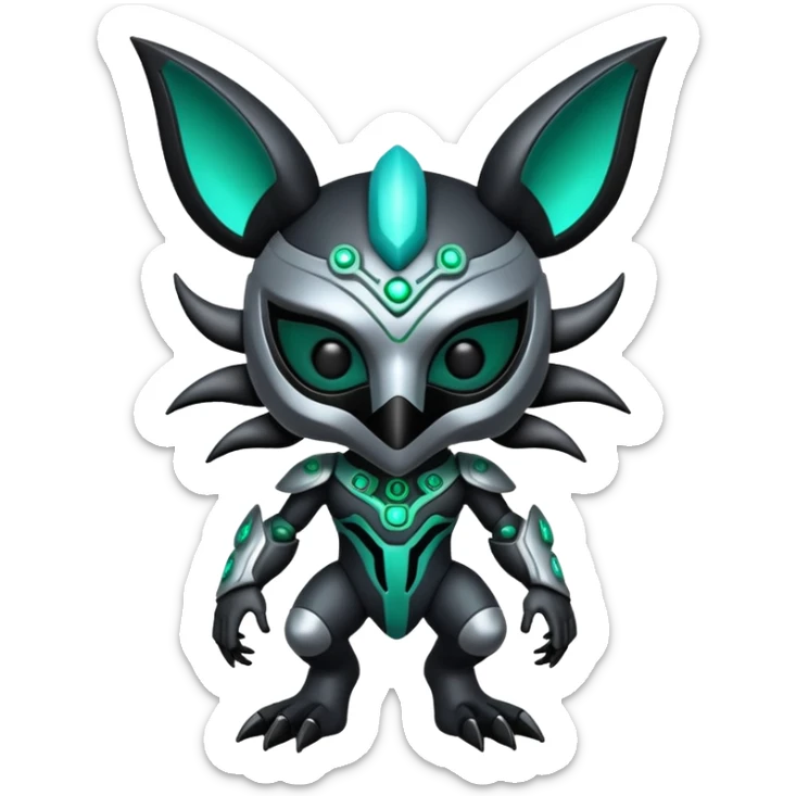 Silvery grey shiny alloy Cyber-Lombax-Fakémon-creature with dark black mask and shiny intricate green and turquoise circuitry markings (full body) sticker