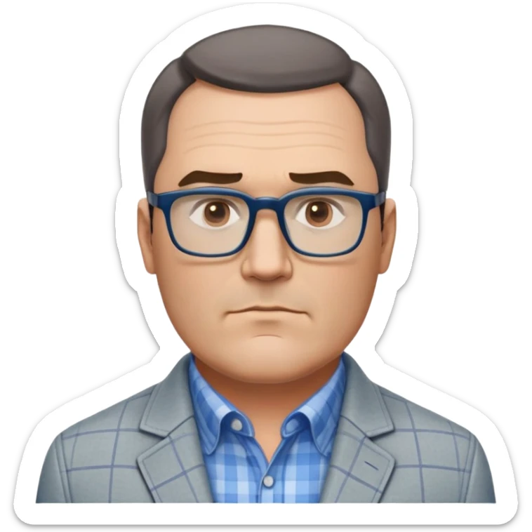 50-year-old heavyset man with very wide face and prominent square jawline. Short straight hair combed to the side, not balding. Large dark square glasses. Serious-relaxed expression. Light gray jacket that fits his larger frame, white shirt with blue checkered pattern. sticker