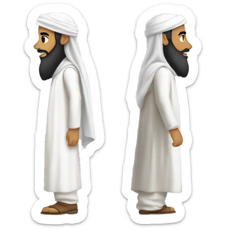 sideview of a bearded muslim man in a white thobe walking whilst wearing a shemagh. sticker