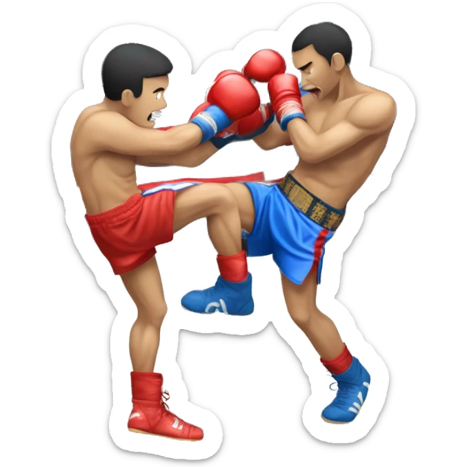 A Muay Thai Boxer in blue shorts knocking out his opponent in red shorts sticker