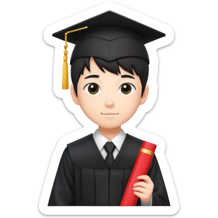 Japanese high school boy at graduation ceremony wearing gakuran uniform holding diploma sticker