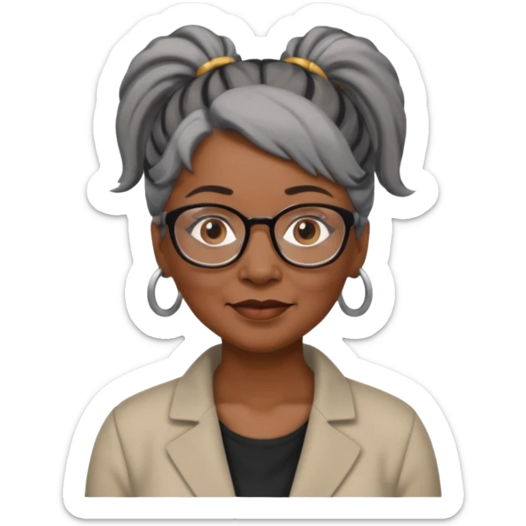 emoji of a black older women with black and gray hair in a ponytail with glasses and brown eyebrows sticker