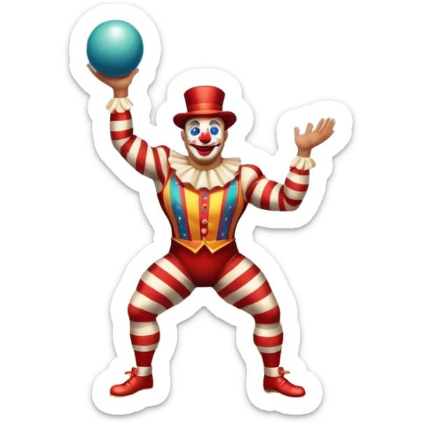Icon for Circus Arts: a vibrant circus arena with a strongman in a striped costume, a juggler tossing colorful balls, and a clown. The icon should represent the energy and entertainment of the circus, with emphasis on performance and spectacle. Transparent background. sticker