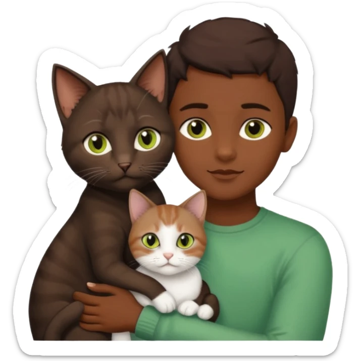 Crea un emoji donde salga un chico moreno con los ojos claros, una chica morena con los ojos marrones y SOLO UN gato europeo comun de pelaje oscuro y ojos verde claro, quiero que se esten abrazando y el gato este en el medio del chico y la chica sticker