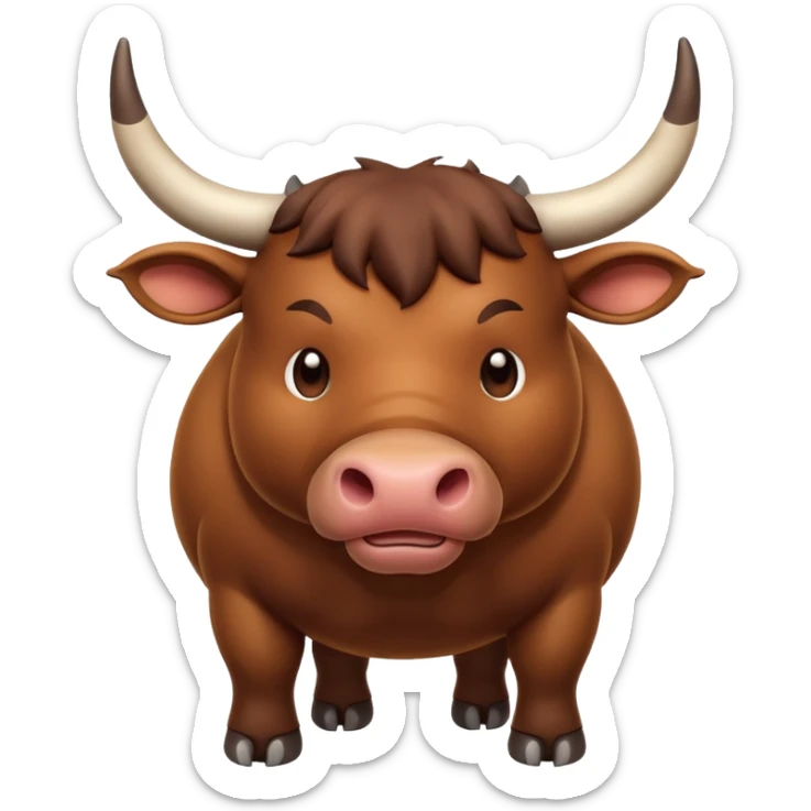 An adorable full-body 3d brown bull with large and exaggerated features in the shape of a ball. Make the background white sticker