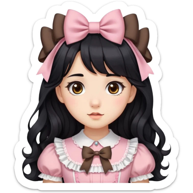 A girl, long wavy black hair with side bangs. Brown eyes. Wearing two bows on her hair. Wearing a cute lolita dress  sticker