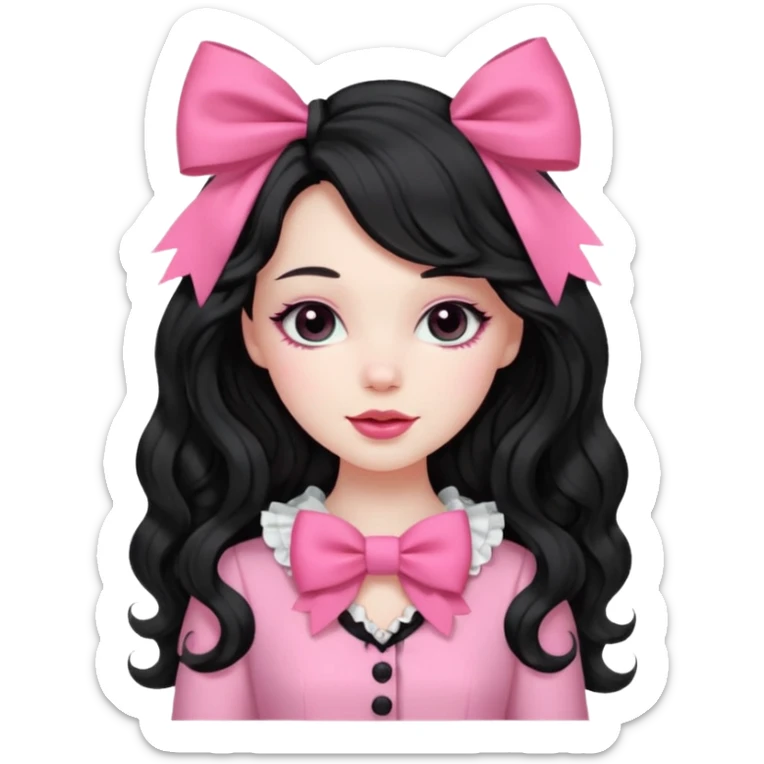 black hair with wavy long hair and pink clothes coquette vibes, a bow sticker