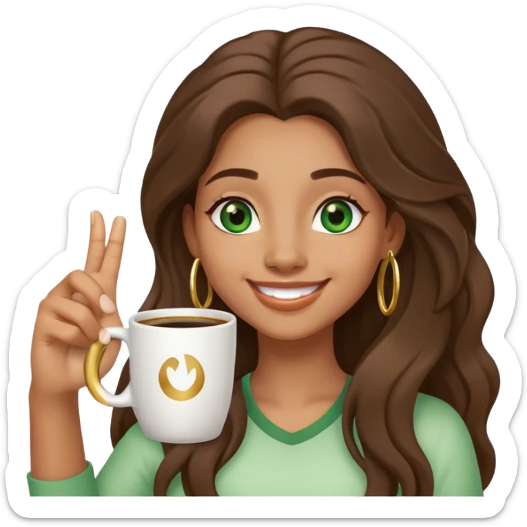 Long, Brown haired girl with middle hair part, green eyes, gold hoop nose ring, smiling, waving with one hand, coffee mug in the other sticker